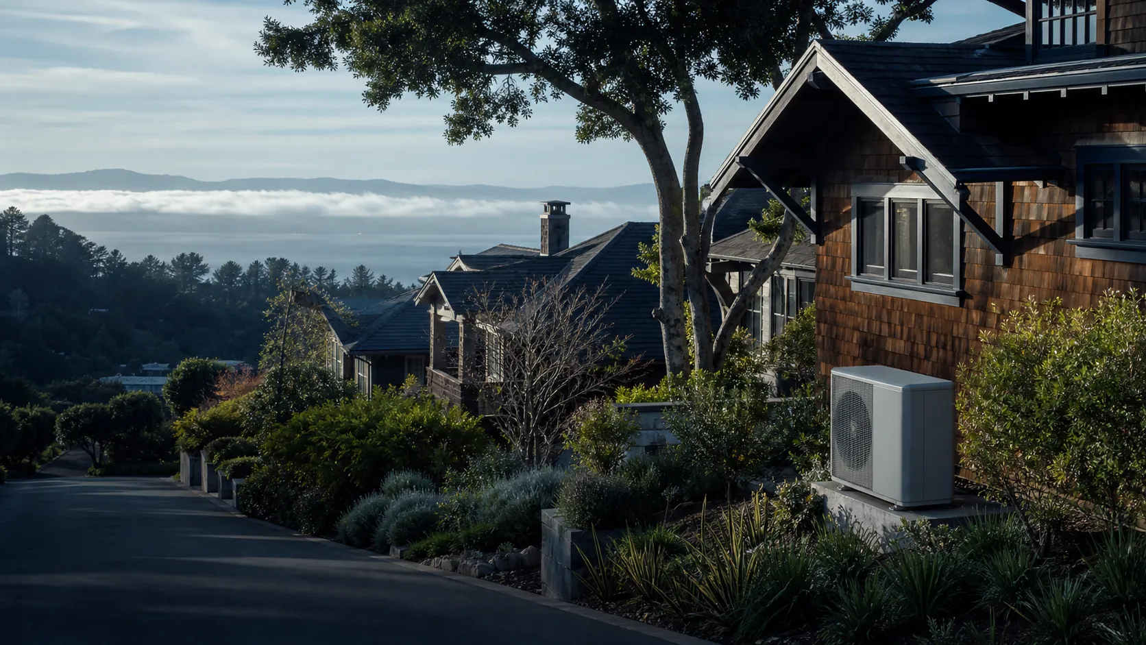 Residential street of shingled Berkeley Hills homes overlooking San Francisco Bay with a modern outdoor heat-pump condenser beside one house